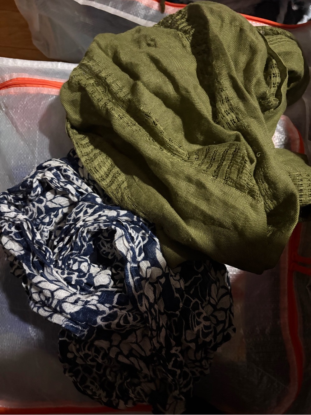 Olive Green Lightweight Scarf + Navy & White Floral Scarf by Fossil Set/Lot